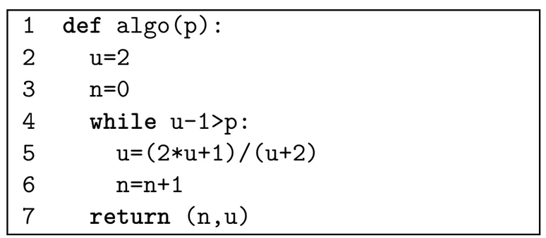 Programme Python de sept lignes numérotées. Ligne 1 : def algo(p):. Ligne 2 : u=2. Ligne 3 : n=0. Ligne 4 : while u-1>p:. Ligne 5 : u=(2*u+1)/(u+2). Ligne 6 : n=n+1. Ligne 7 : return (n,u). Les lignes 5 et 6 sont indentées dans la boucle while.
