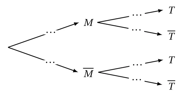 Arbre pondéré à deux niveaux à compléter. La racine mène à M et à M barre ; chacun de ces deux nœuds mène à T et à T barre. Les six branches portent des pointillés.