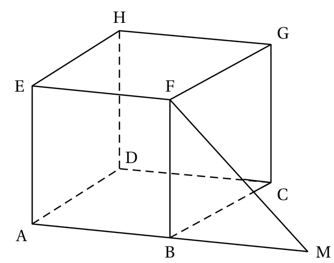 Cube ABCDEFGH en perspective cavalière : face avant ABFE (A en bas à gauche, B en bas à droite, F en haut à droite, E en haut à gauche), face arrière DCGH, arêtes cachées AD, DC et DH en pointillés. Le point M est sur le prolongement de l'arête [AB] au-delà de B, à la même distance de B que A ; le segment [FM] est tracé.