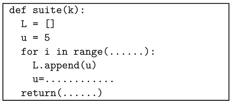Script Python encadré à compléter. def suite(k): ; dans la fonction, L = [], puis u = 5, puis for i in range(pointillés): ; dans la boucle, L.append(u) puis u= suivi de pointillés ; enfin, au niveau de la boucle, return(pointillés).