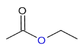 Formule topologique de l'éthanoate d'éthyle : une chaîne carbonée à gauche portant un carbone lié par une double liaison à un atome d'oxygène et par une liaison simple à un second atome d'oxygène, lui-même lié à une chaîne de deux carbones.