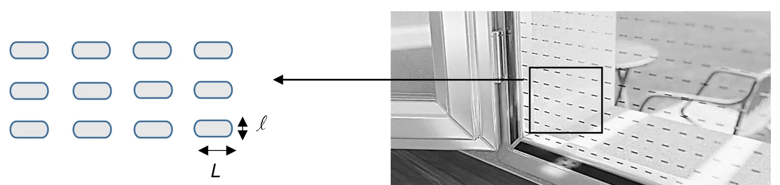 À droite, photo d'une porte-fenêtre équipée de la Mostiglass : un vitrage transparent percé de petites fentes horizontales alignées en rangées. À gauche, agrandissement d'une zone : des fentes oblongues disposées en rangées régulières ; pour l'une d'elles, L désigne sa longueur (horizontale) et ℓ sa largeur (verticale, la plus petite dimension).