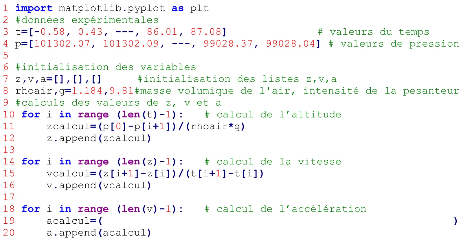 Script Python de 20 lignes. Ligne 3 : t=[-0.58, 0.43, ---, 86.01, 87.08] # valeurs du temps. Ligne 4 : p=[101302.07, 101302.09, ---, 99028.37, 99028.04] # valeurs de pression. Ligne 7 : z,v,a=[],[],[]. Ligne 8 : rhoair,g=1.184,9.81. Lignes 10 à 12 : for i in range (len(t)-1): zcalcul=(p[0]-p[i+1])/(rhoair*g), puis z.append(zcalcul). Lignes 14 à 16 : for i in range (len(z)-1): vcalcul=(z[i+1]-z[i])/(t[i+1]-t[i]), puis v.append(vcalcul). Lignes 18 à 20 : for i in range (len(v)-1): acalcul=( à compléter ), puis a.append(acalcul).