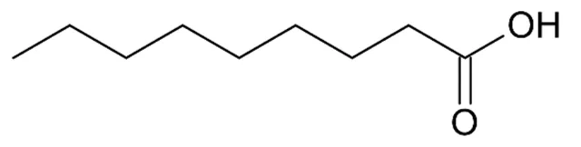Formule topologique de l'acide pélargonique : une ligne brisée de neuf atomes de carbone, dont le dernier est le carbone d'un groupe carboxyle, qui porte une double liaison avec un atome O et une liaison avec un groupe OH.