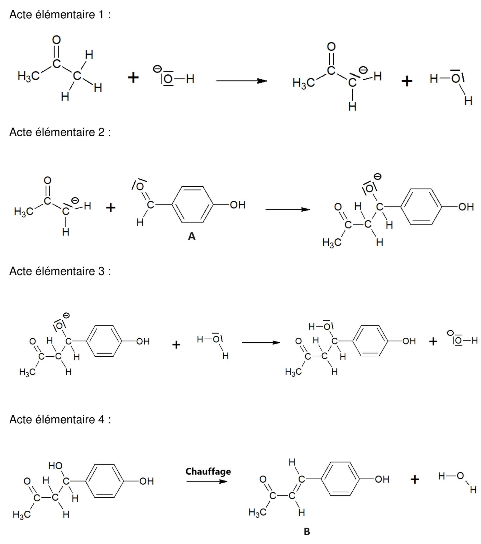 Quatre actes élémentaires, avec doublets non liants et charges dessinés, sans aucune flèche courbe. Acte 1 : acétone CH3-CO-CH3 plus l'ion hydroxyde HO− donnent l'ion CH3-CO-CH2− (charge négative et doublet non liant sur le carbone) plus une molécule d'eau. Acte 2 : cet ion plus A (l'aldéhyde, oxygène portant deux doublets non liants) donnent un ion où le carbone du CH2 est lié au carbone de l'ancien groupe CHO, qui porte maintenant un oxygène chargé négativement avec trois doublets non liants. Acte 3 : cet ion plus une molécule d'eau donnent la molécule où cet oxygène porte un H, groupe OH, plus l'ion hydroxyde HO−. Acte 4 : par chauffage, cette molécule perd une molécule d'eau et donne B, qui porte une double liaison C=C entre les deux carbones centraux.