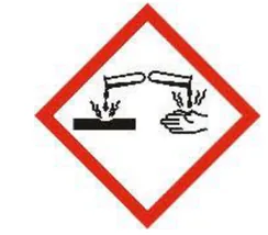 Pictogramme de danger de l'étiquette : losange à bord rouge où un liquide versé de deux tubes ronge une plaque et une main, pictogramme de la corrosion.