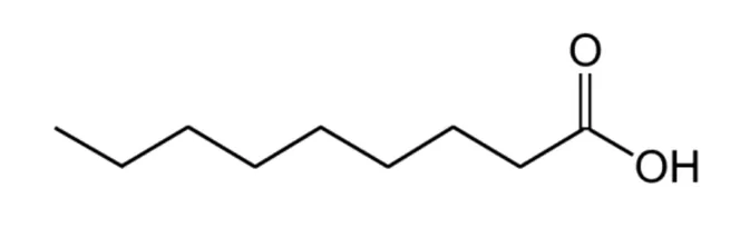 Formule topologique de l'acide nonanoïque : une chaîne en zigzag de huit atomes de carbone terminée par un carbone qui porte un atome d'oxygène doublement lié (O) et un groupe OH.