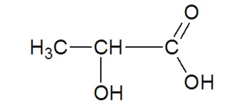 Formule semi-développée de l'acide lactique : CH3, relié à un carbone CH qui porte un groupe OH, relié à un carbone C qui porte une double liaison avec O et un groupe OH (groupe carboxyle).