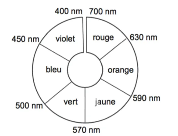 Cercle chromatique en six secteurs avec les longueurs d'onde aux frontières : violet de 400 à 450 nm, bleu de 450 à 500 nm, vert de 500 à 570 nm, jaune de 570 à 590 nm, orange de 590 à 630 nm, rouge de 630 à 700 nm. Couleurs diamétralement opposées : violet et jaune, bleu et orange, vert et rouge.