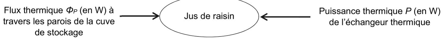 Le système jus de raisin, dessiné au centre, reçoit deux flèches dirigées vers lui : à gauche le flux thermique ΦP (en W) à travers les parois de la cuve de stockage, à droite la puissance thermique P (en W) de l'échangeur thermique.