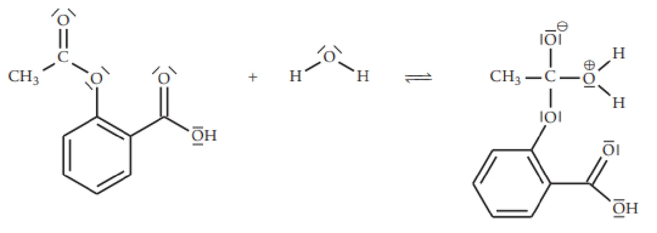 Première étape du mécanisme, en schémas de Lewis : l'aspirine, dont le carbone du groupe ester porte un oxygène doublement lié et est lié au méthyle et à l'oxygène relié au cycle, plus une molécule d'eau H-O-H dont l'oxygène porte deux doublets non liants, donnent, par une double flèche d'équilibre, un intermédiaire où ce carbone est lié à quatre groupes : le méthyle, un oxygène chargé négativement portant trois doublets non liants, l'oxygène relié au cycle, et un oxygène chargé positivement lié à deux hydrogènes.