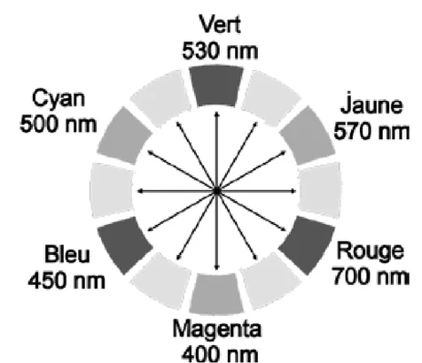 Cercle chromatique à six couleurs, chacune diamétralement opposée à sa complémentaire : vert 530 nm en haut, face au magenta 400 nm en bas ; jaune 570 nm face au bleu 450 nm ; rouge 700 nm face au cyan 500 nm.