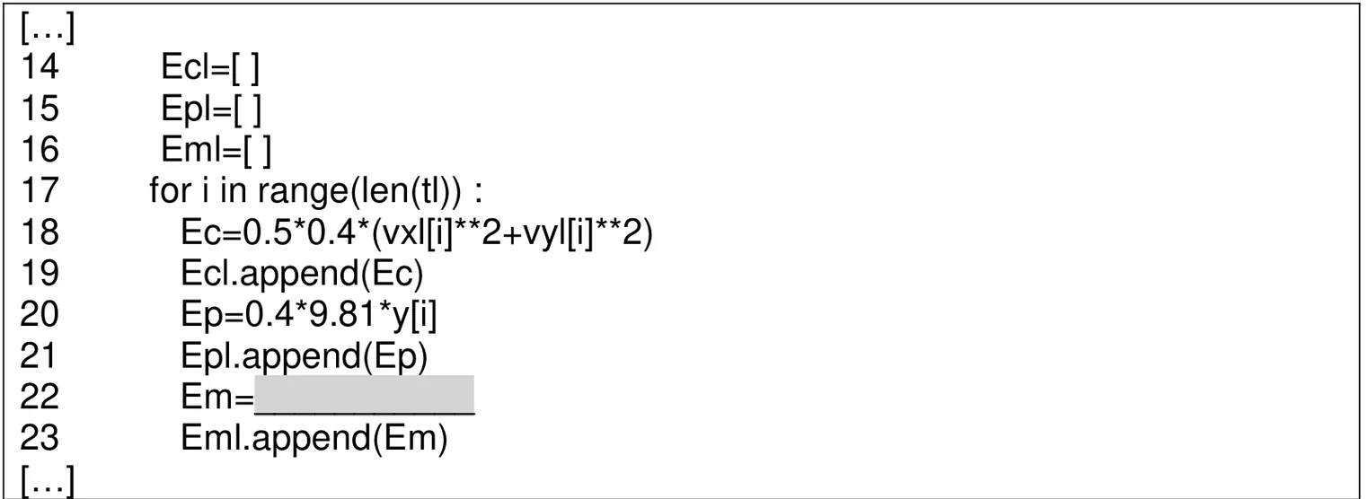Extrait du programme Python, lignes 14 à 23. Lignes 14 à 16 : Ecl=[ ], Epl=[ ], Eml=[ ]. Ligne 17 : for i in range(len(tl)) : Ligne 18 : Ec=0.5*0.4*(vxl[i]**2+vyl[i]**2). Ligne 19 : Ecl.append(Ec). Ligne 20 : Ep=0.4*9.81*y[i]. Ligne 21 : Epl.append(Ep). Ligne 22 : Em= suivi d'un blanc à compléter. Ligne 23 : Eml.append(Em).
