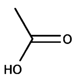 Formule topologique de l'acide éthanoïque : un trait pour le groupe méthyle relié à un carbone qui porte une double liaison vers O et une liaison simple vers HO.