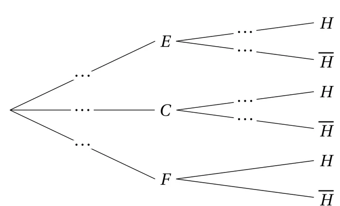 Arbre de probabilités. La racine mène à trois nœuds, E, C et F, chacune de ces trois branches portant des pointillés. Les nœuds E et C mènent chacun à H et à H barre, sur des branches qui portent des pointillés. Les deux branches issues de F, vers H et vers H barre, ne portent rien : sept pointillés en tout.