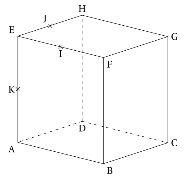 Cube ABCDEFGH en perspective cavalière : la face ABCD en bas, avec D caché et les arêtes issues de D en pointillés, la face EFGH en haut, E au-dessus de A, F au-dessus de B, G au-dessus de C, H au-dessus de D. Trois points marqués d'une croix : I au milieu de l'arête [EF], J au milieu de [EH], K au milieu de l'arête verticale [AE].