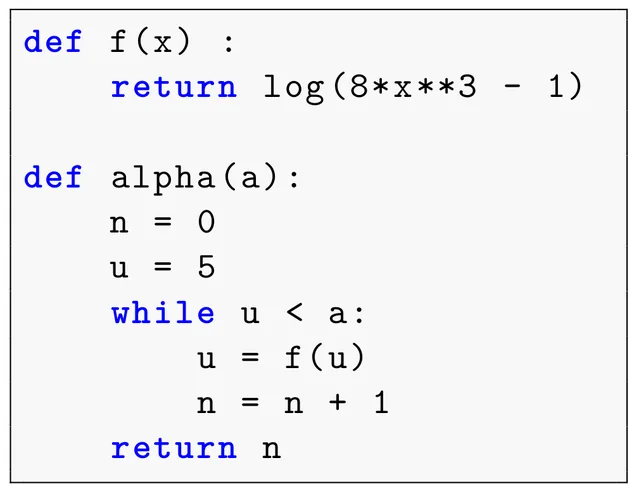 Programme Python en deux fonctions. def f(x) : return log(8*x**3 - 1). Puis def alpha(a): n = 0 ; u = 5 ; while u < a: u = f(u) ; n = n + 1 ; enfin return n, hors de la boucle.