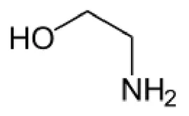Formule topologique de l'éthanolamine : une chaîne de deux carbones en zigzag, avec un groupe HO à une extrémité et un groupe NH2 à l'autre.
