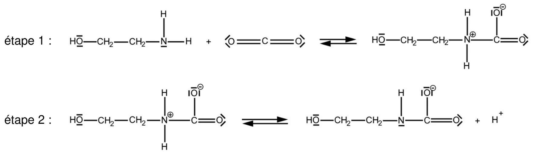 Étape 1 : HO-CH2-CH2-NH2, l'azote portant un doublet non liant, réagit avec O=C=O (chaque oxygène portant deux doublets non liants) pour donner, de façon renversable, HO-CH2-CH2-NH2(+)-C(=O)-O(-) : l'azote porte deux H, une charge plus et est lié au carbone, qui porte un oxygène doublement lié et un oxygène chargé négativement à trois doublets non liants. Étape 2 : cette espèce donne, de façon renversable, HO-CH2-CH2-NH-C(=O)-O(-), l'azote neutre portant un H et un doublet non liant, plus un ion H+.