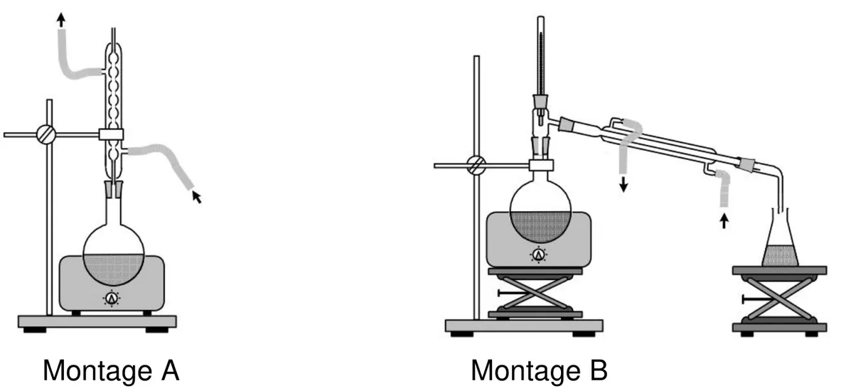 Deux montages chauffés par un chauffe-ballon. Montage A : un ballon surmonté d'un réfrigérant à boules vertical, l'eau de refroidissement entrant en bas et sortant en haut ; rien n'est recueilli. Montage B : un ballon surmonté d'une tête de colonne avec un thermomètre, relié à un réfrigérant droit incliné parcouru par l'eau de refroidissement, qui débouche dans un erlenmeyer où le distillat est recueilli.