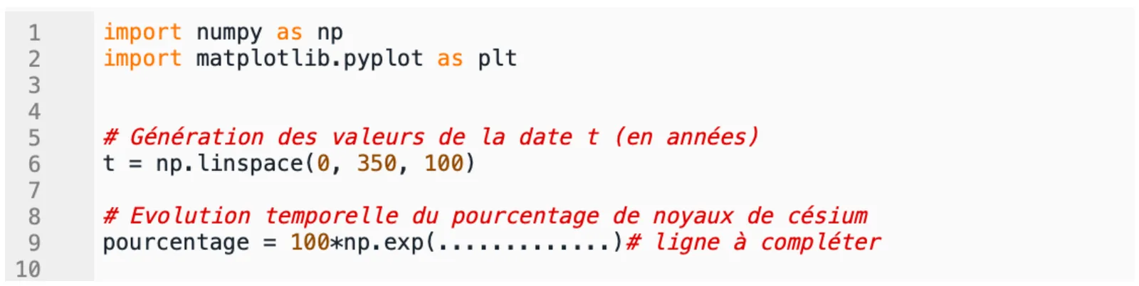 Extrait du programme Python, lignes 1 à 10. Lignes 1 et 2 : import numpy as np, import matplotlib.pyplot as plt. Ligne 5 : commentaire, génération des valeurs de la date t (en années). Ligne 6 : t = np.linspace(0, 350, 100). Ligne 8 : commentaire, évolution temporelle du pourcentage de noyaux de césium. Ligne 9 : pourcentage = 100*np.exp(...), les parenthèses étant à compléter.