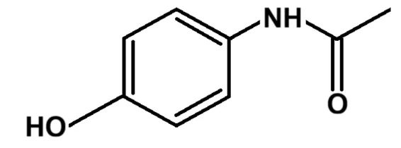 Formule topologique du paracétamol : un cycle benzénique portant, d'un côté, un groupe HO et, en position opposée, un groupe NH relié à un carbone qui porte un oxygène doublement lié (C=O) et une liaison vers un groupe méthyle.