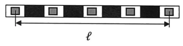 Fond de la boîte : bandes alternativement claires et sombres ; chacune des cinq cellules est au centre d'une bande claire, et une seule bande sombre sépare deux cellules voisines. La distance l va du centre de la première cellule au centre de la cinquième.