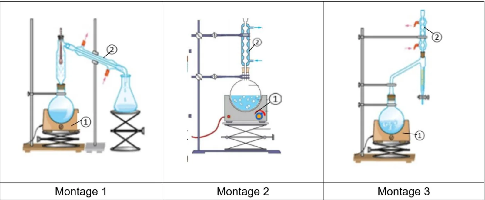 Trois montages côte à côte. Montage 1 : ballon dans un chauffe-ballon (élément 1), surmonté d'une colonne avec thermomètre, puis d'un réfrigérant droit incliné (élément 2) qui descend vers un erlenmeyer de recueil : une distillation. Montage 2 : ballon contenant le mélange et des grains de pierre ponce, posé sur un agitateur magnétique chauffant (élément 1), surmonté d'un réfrigérant à boules vertical parcouru par l'eau (élément 2) : un chauffage à reflux. Montage 3 : ballon dans un chauffe-ballon (élément 1), relié par un tube coudé à un tube décanteur gradué à robinet surmonté d'un réfrigérant à boules vertical (élément 2) : un appareil de Dean-Stark.