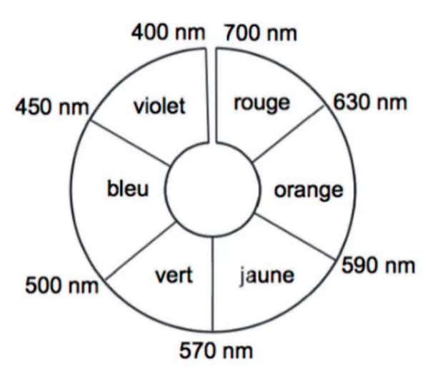 Cercle chromatique en six secteurs, avec les longueurs d'onde aux frontières : violet de 400 à 450 nm, bleu de 450 à 500 nm, vert de 500 à 570 nm, jaune de 570 à 590 nm, orange de 590 à 630 nm, rouge de 630 à 700 nm. Couleurs diamétralement opposées : bleu et orange, vert et rouge, violet et jaune.