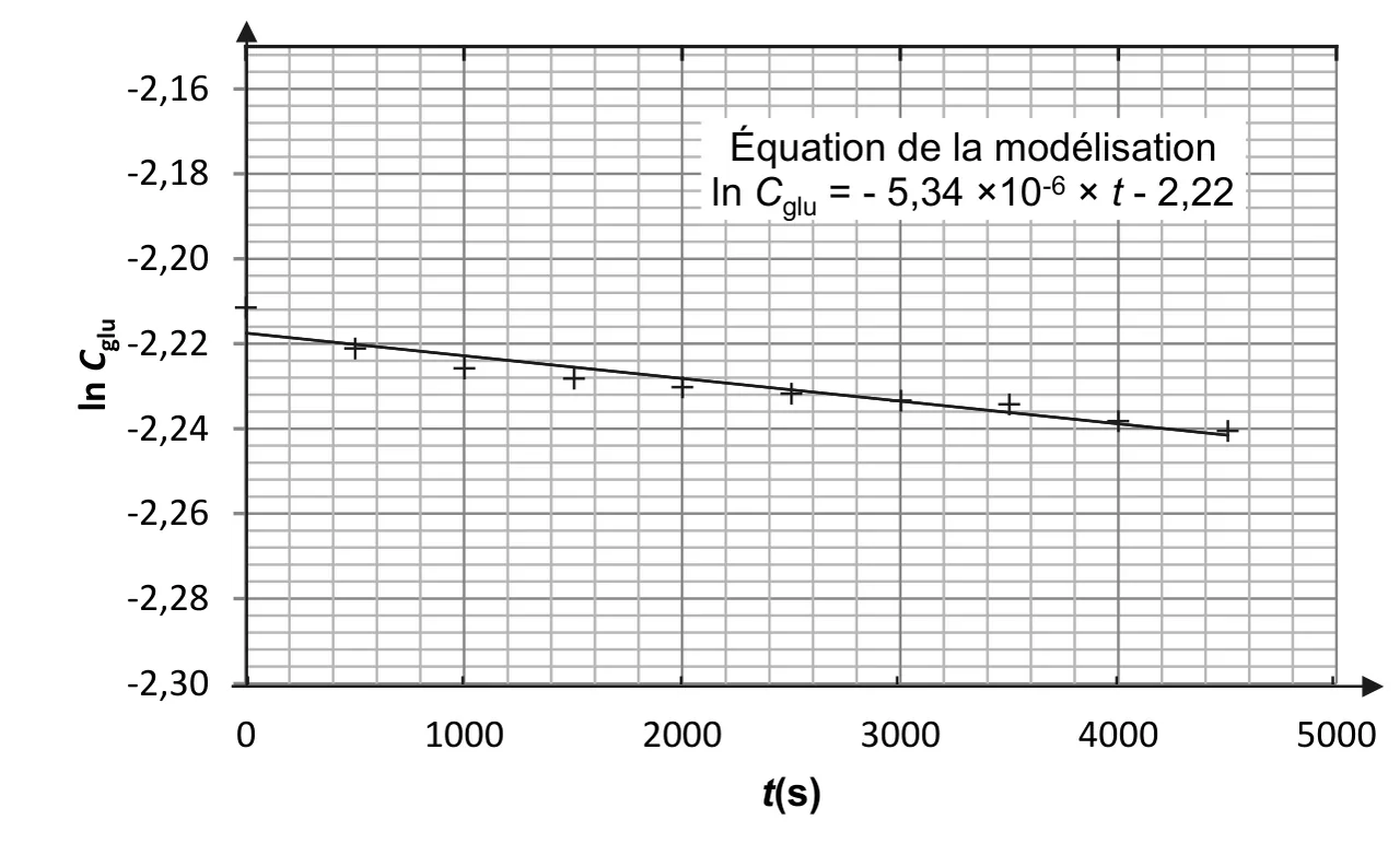 Logarithme népérien de la concentration en glucose (de -2,30 à -2,16) en fonction du temps t (de 0 à 5000 s) : dix points de mesure de 0 à 4500 s, alignés près d'une droite légèrement décroissante qui part d'environ -2,217 à t = 0 et atteint -2,241 à 4500 s. Encadré : équation de la modélisation, ln Cglu = -5,34 × 10 puissance -6 × t - 2,22.