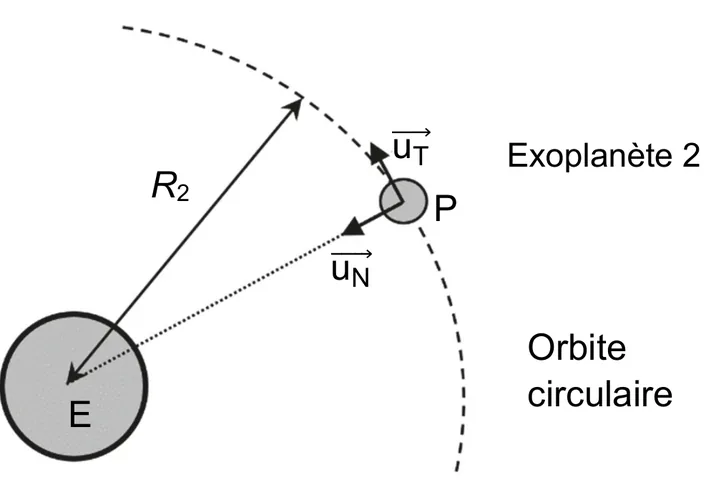 Étoile E au centre, exoplanète 2 au point P sur une orbite circulaire en pointillés de rayon R2. Au point P, le vecteur unitaire uT est tangent à l'orbite, et le vecteur unitaire uN est dirigé de P vers le centre E.