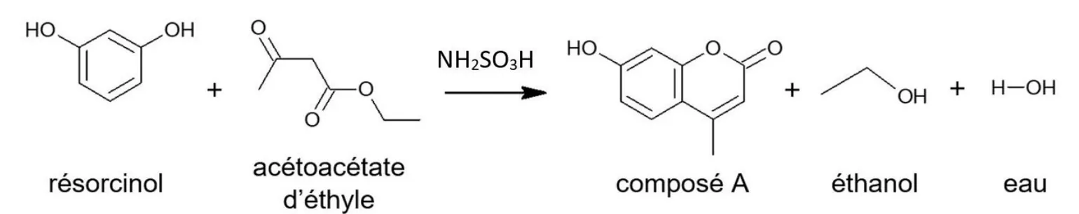Équation de réaction en formules topologiques : résorcinol (cycle benzénique portant deux groupes OH en position 1 et 3) plus acétoacétate d'éthyle (CH3-CO-CH2-CO-O-CH2-CH3), avec NH2SO3H au-dessus de la flèche, donnent le composé A (7-hydroxy-4-méthylcoumarine : la coumarine portant un OH sur le cycle benzénique et un groupe méthyle sur le carbone 4), plus éthanol plus eau (H-OH).
