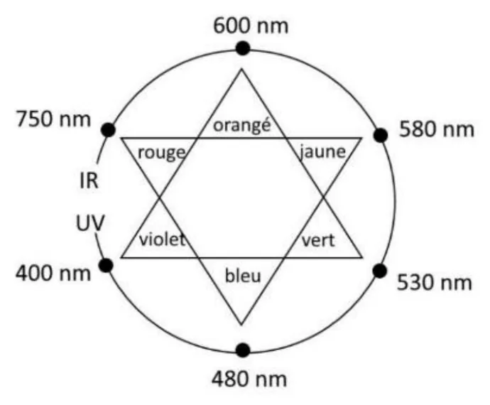 Cercle chromatique en étoile à six branches : orangé en haut vers 600 nm, jaune vers 580 nm, vert vers 530 nm, bleu en bas vers 480 nm, violet vers 400 nm, rouge vers 750 nm. L'orangé fait face au bleu, le rouge au vert, le jaune au violet.